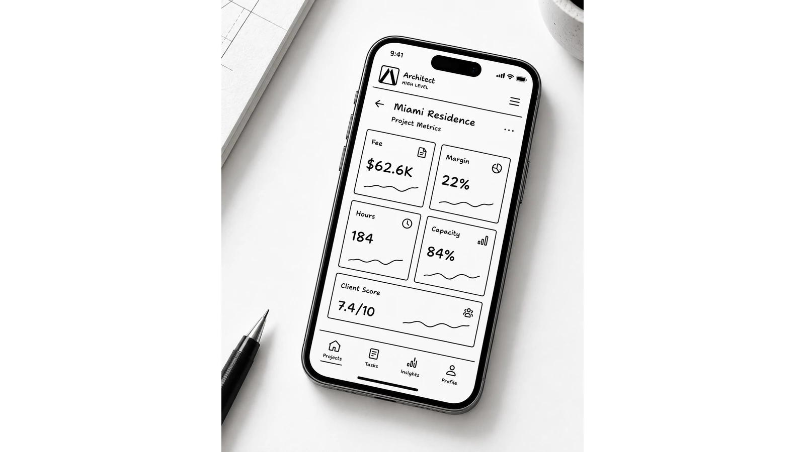 A styled phone mockup on a white desk, beside a pen and sketchbook, showing a drawn metrics screen titled Miami Residence. This is a design mockup, not a screenshot of the current game.