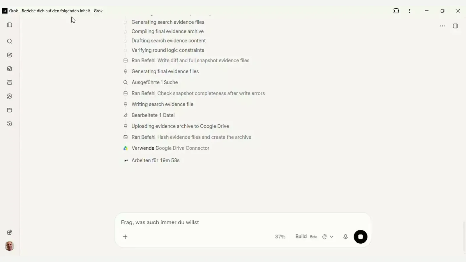 Still from a screen recording of a Grok development session, showing a task list about search evidence and round logic. This is not a game screen.