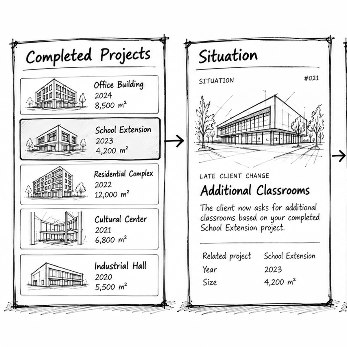 Hand-drawn diagram of completed projects. School Extension, 2023, 4,200 square metres, is selected and points to situation 021, Additional Classrooms, based on that project.